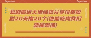 短剧搬运大佬经验分享付费短剧20天撸20个(他能吃肉我们就能喝汤)-云享网创