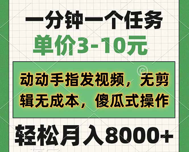 一分钟一个任务，单价3-10元，动动手指发视频，无剪辑无成本，傻瓜式操…-云享网创