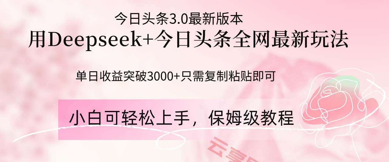 Deepseek结合今日头条全网最新玩法，单日收益突破3000+，只需要简单的…-云享网创