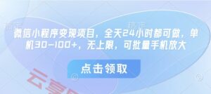 微信小程序变现项目，全天24小时都可做，单机30-100+，无上限，可批量手机放大-云享网创