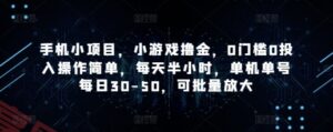 手机小项目，小游戏撸金，0门槛0投入操作简单，每天半小时，单机单号每日30-50，可批量放大-云享网创