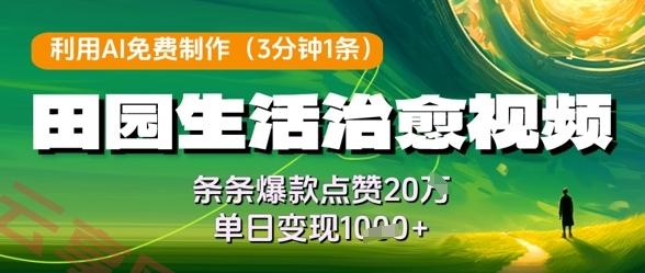 利用AI免费制作田园生活治愈视频，条条爆款点赞20W，单日变现几张-云享网创