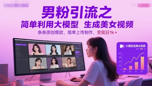 男粉引流之简单利用大模型生成美女视频，条条原创爆款，简单上传制作，变现日1k+-云享网创