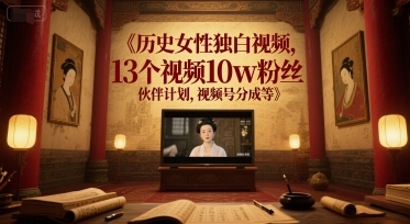 历史女性独白视频，13个视频10w粉丝，伙伴计划，视频号分成等-云享网创