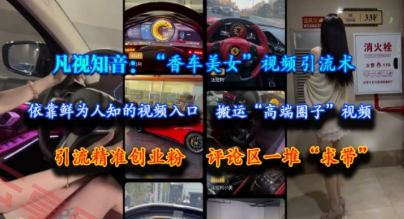 凡视知音：“香车美女”视频引流术，依靠鲜为人知的视频入口，搬运“高端圈子”视频，引流精准创业粉，评论区一堆“求带”-云享网创