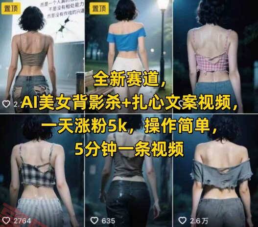全新赛道，AI美女背影杀+扎心文案视频，一天涨粉5k，操作简单，5分钟一条视频-云享网创