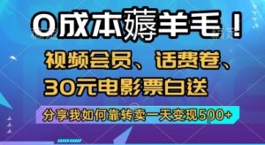 0成本薅羊毛!视频会员、话费卷、30元电影票白送，分享我如何靠转卖一天变现5张+【揭秘】-云享网创