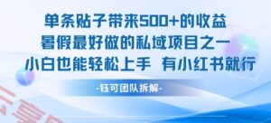 单条贴子带来5张的收益，暑假最好做的私域项目之一，小白也能轻松上手，有小红书就行-云享网创