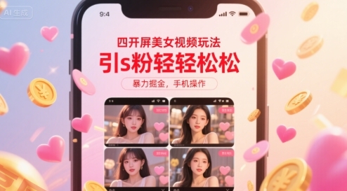 四开屏美女视频玩法，引s粉轻轻松松，暴力掘金，手机操作【揭秘】-云享网创