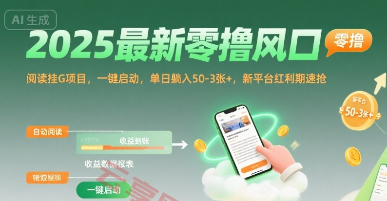 2025最新零撸风口，阅读挂G项目，一键启动，单日躺入 50-3张+，新平台红利期速抢【揭秘】-云享网创