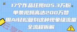 17个作品狂揽105.3W粉，单条视频高达200W赞，用Ai轻松复刻这种现象级流量!(全流程拆解)-云享网创