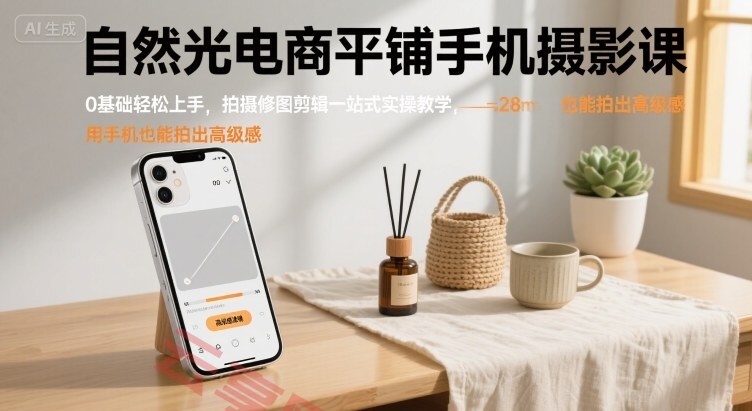 自然光电商平铺手机摄影课，0基础轻松上手，拍摄修图剪辑一站式实操教学，用手机也能拍出高级感-云享网创
