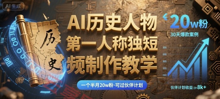 最新AI历史人物第一人称独白短视频制作教学，一个半月20w粉，可过伙伴计划-云享网创