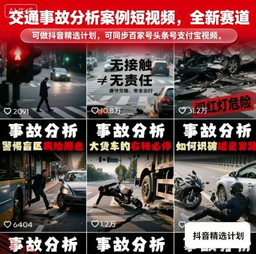 交通事故分析案例短视频，全新赛道，可做抖音精选计划，可同步百家号头条号支付宝视频号平台-云享网创