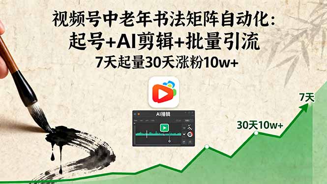 视频号中老年书法矩阵自动化：起号+AI剪辑+批量引流 7天起量30天涨粉10w+-云享网创
