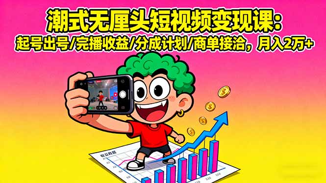 潮式无厘头短视频变现课：起号出号/完播收益/分成计划/商单接洽，月入2万+-云享网创