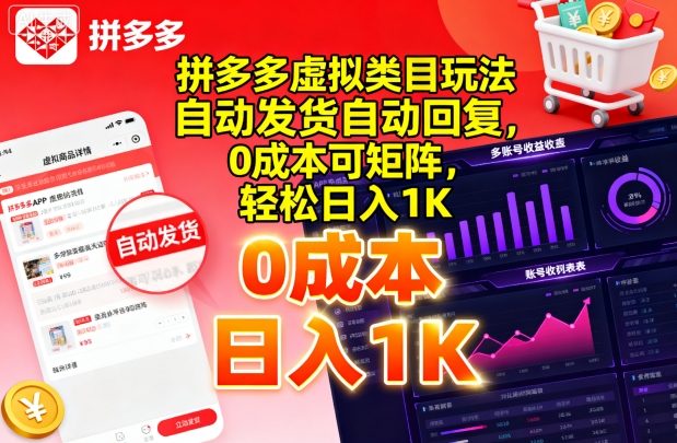 拼多多虚拟类目玩法，自动发货自动回复，0成本可矩阵，轻松日入1K【揭秘】-云享网创