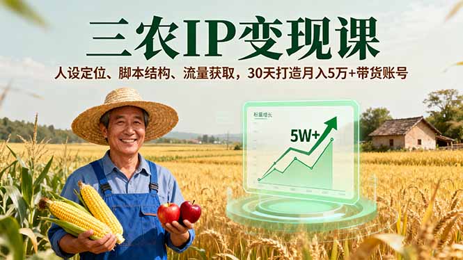 三农IP变现课，人设定位、脚本结构、流量获取，30天打造月入5万+带货账号-云享网创