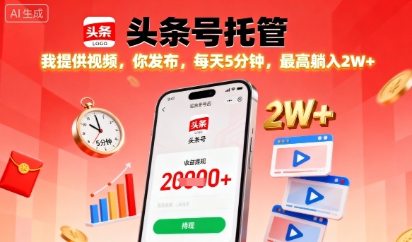 【头条号托管】我提供视频，你发布，每天5分钟，最高躺入2W+【揭秘】-云享网创