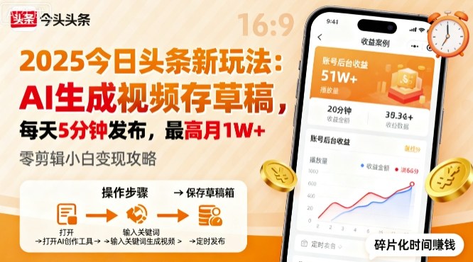 2025年今日头条躺賺新玩法，AI生成视频存草稿，每天5分钟发布，最高月1W+【揭秘】-云享网创