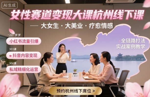 女性赛道变现大课杭州线下，大女生，大美业，疗愈情感，一套小红书、抖音、私域全链路打法-云享网创