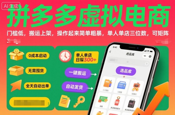 拼多多虚拟电商，门槛低，搬运上架，操作起来简单粗暴，单人单店三位数，可矩阵-云享网创