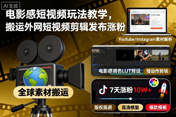 电影感短视频玩法教学，搬运外网短视频剪辑发布涨粉-云享网创