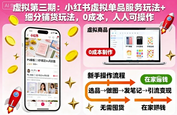 虚拟第三期：小红书虚拟单品服务玩法+细分铺货玩法，0成本，人人可操作-云享网创