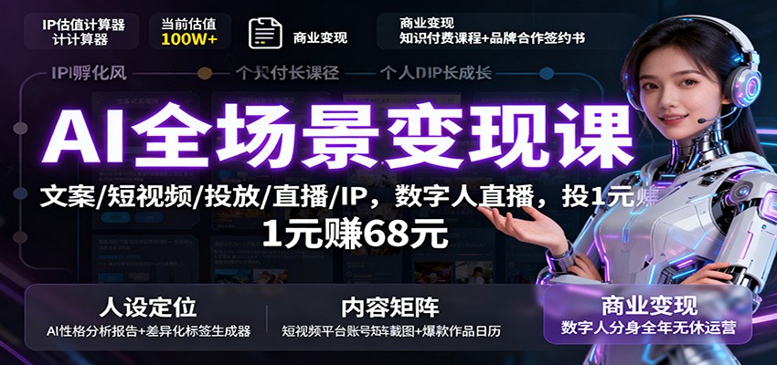 AI全场景变现课：文案/短视频/投放/直播/IP，数字人直播，投1元赚68元-云享网创