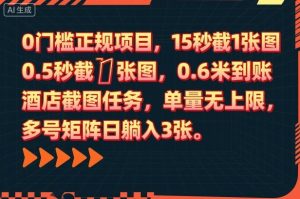 0门槛正规项目,15秒截1张图,0.6米到账,酒店截图任务,单量无上限,多号矩阵日躺入3张【揭秘】-云享网创