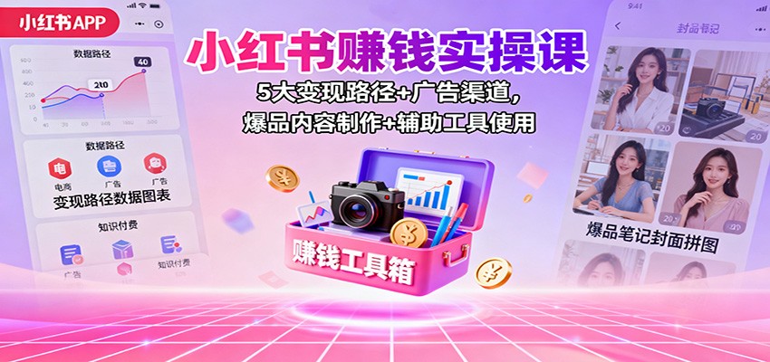 小红书赚钱实操课：5大变现路径+广告渠道，爆品内容制作+辅助工具使用-云享网创