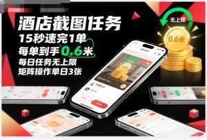酒店截图任务，15秒速完1单，每单到手0.6米，每日任务无上限，全网首发玩法，矩阵操作单日3张【揭秘】-云享网创