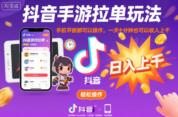 抖音手游拉单玩法，手机平板都可以操作，一天十分钟也可以收入上K【揭秘】-云享网创