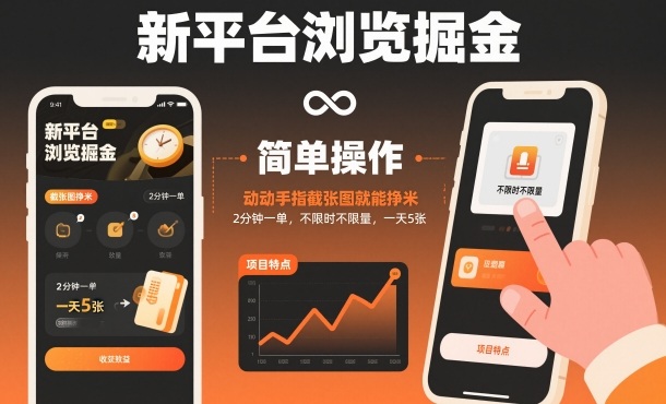 新平台浏览掘金，动动手指截张图就能挣米，2分钟一单，不限时不限量，一天5张【揭秘】-云享网创