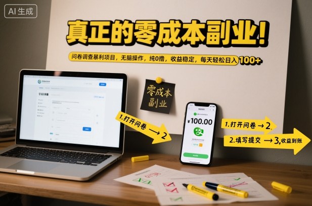真正的零成本副业！问卷调查暴利项目，无脑操作，纯0撸，收益稳定，每天轻松日入100+【揭秘】-云享网创