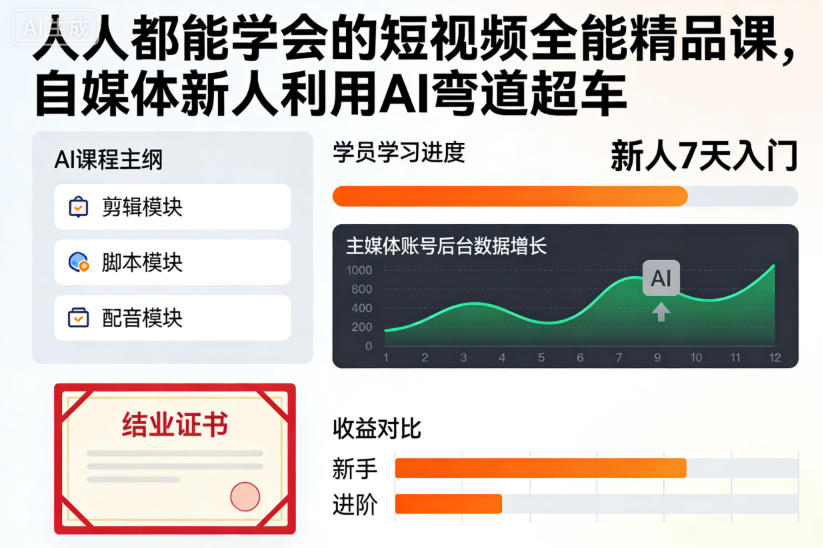 人人都能学会的短视频全能精品课，自媒体新人利用AI弯道超车-云享网创
