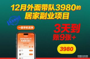12月外面带队3980的居家副业项目,一部手机实测3天到账9张+,首发教程【揭秘】-云享网创