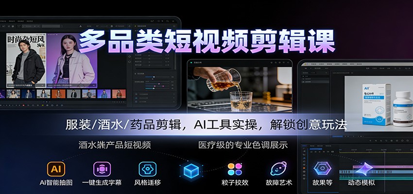 多品类短视频剪辑课：服装/酒水/药品剪辑，AI工具实操，解锁创意玩法-云享网创