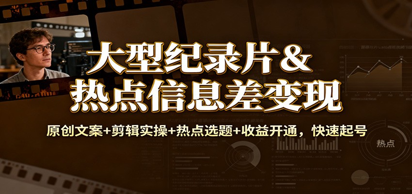 大型纪录片&热点信息差变现:原创文案+剪辑实操+热点选题+收益开通,快速起号-云享网创