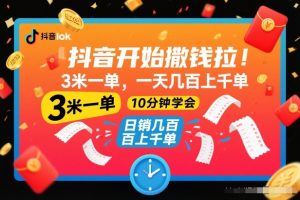 抖音开始撒钱拉，3米一单，一天几百上千单，项目简单，10分钟学会【揭秘】-云享网创