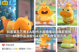 抖音某百万博主AI制作水豚噜噜动画爆款视频，84条作品涨粉164.6W，多种变现方式-云享网创